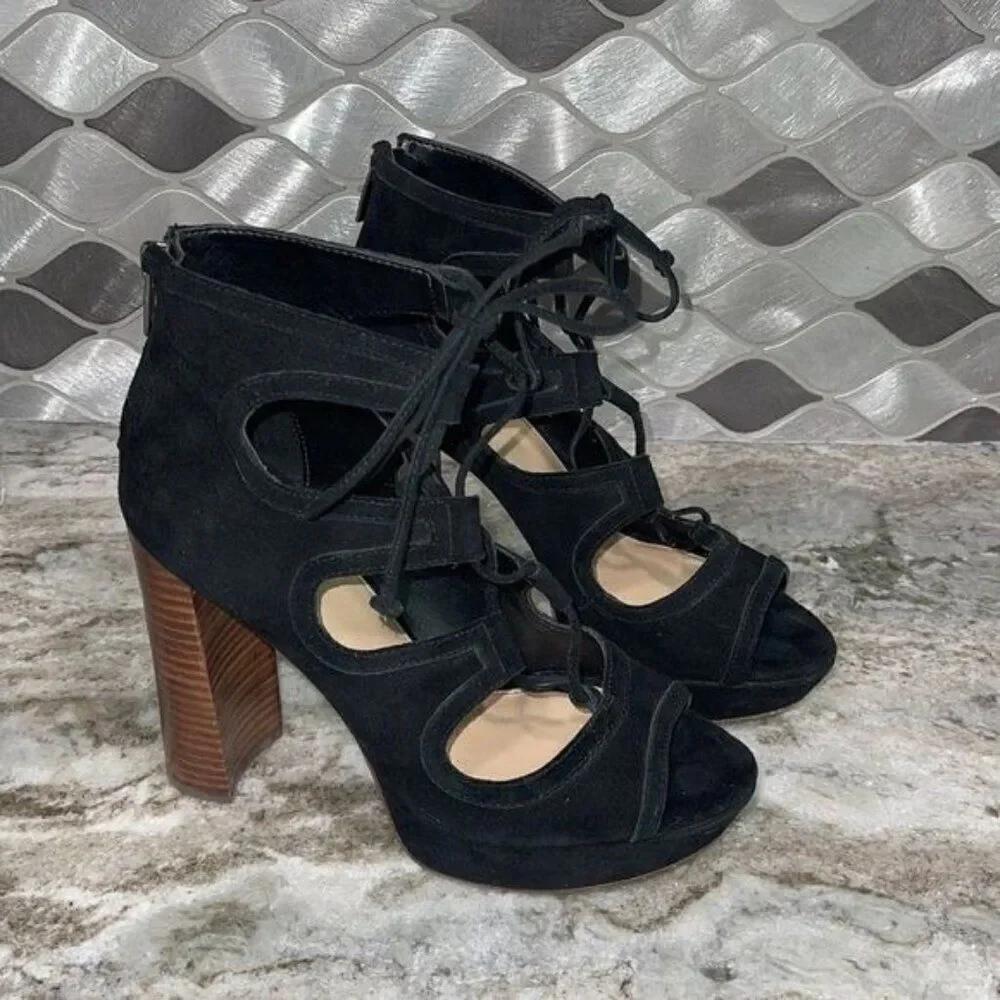 Vince Camuto Women Black Suede Lace-up Hight Block Heels Size 8